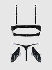 House of Desire Phoenix Faux Leather & Fringe Push Up Bra & Thong Set