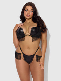House of Desire Phoenix Faux Leather & Fringe Push Up Bra & Thong Set