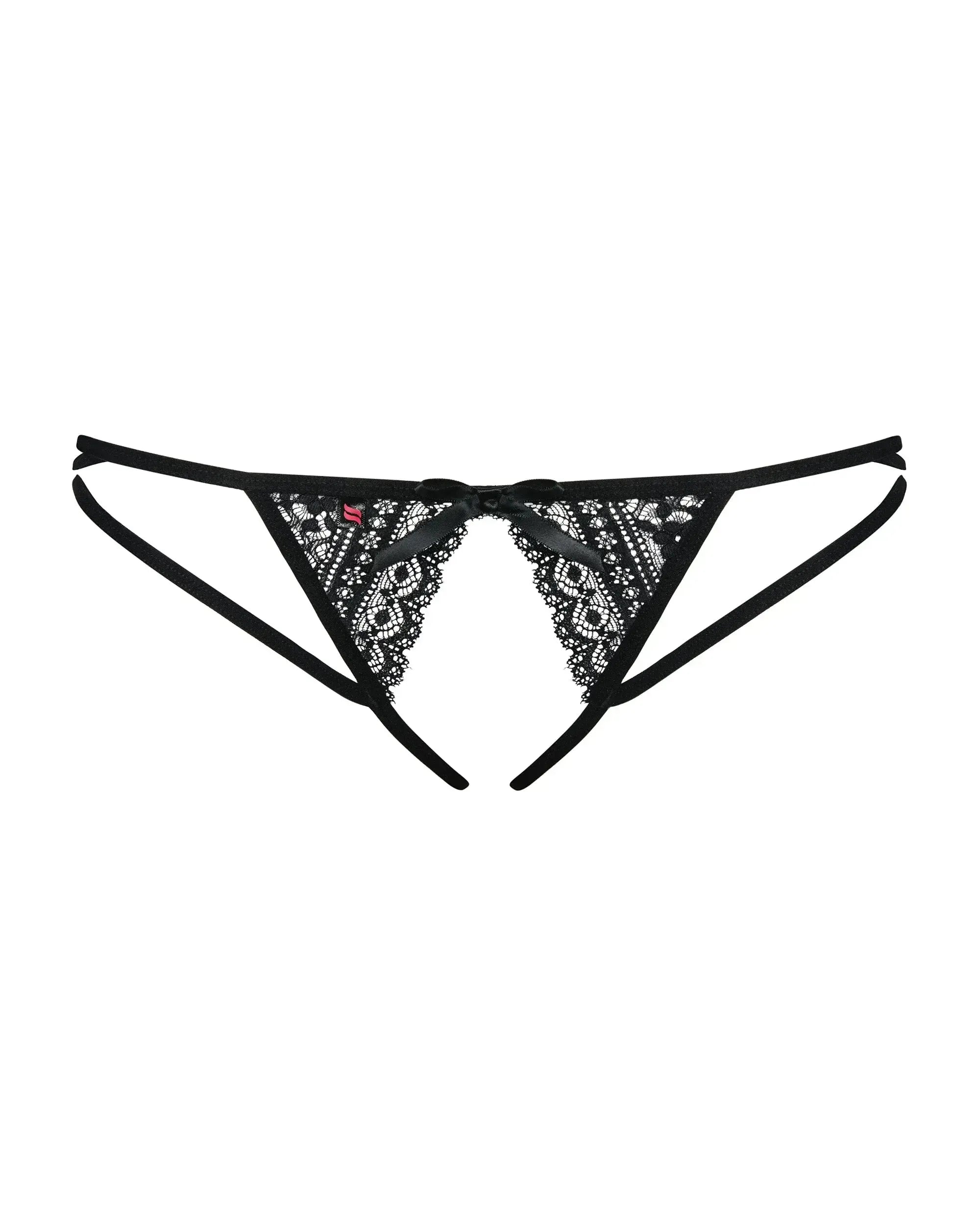 Seductive black Picantina crotchless thong with delicate lace, open crotch, and a charming bow.