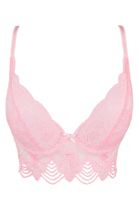 Axami Pink Rose Lace Longline Corset Bra with underwire, silky smooth rose floral lace, and a charming bow.