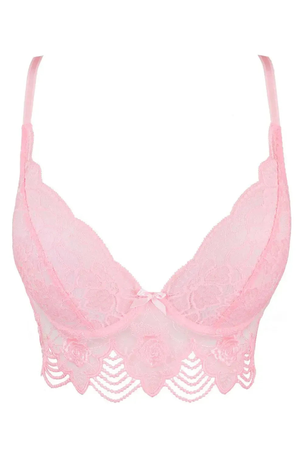 Axami Pink Rose Lace Longline Corset Bra with underwire, silky smooth rose floral lace, and a charming bow.