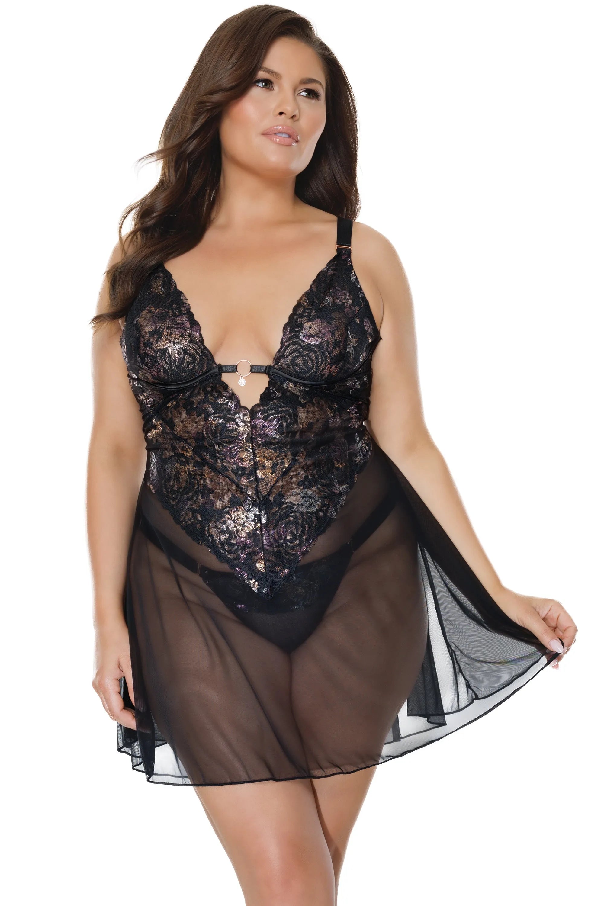 Coquette Queen Metallic Floral Lace & Mesh Babydoll-Rebel Romance
