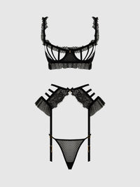 House of Desire Portia Swiss Dot Cutout Bra, Garter, & Thong Set Black