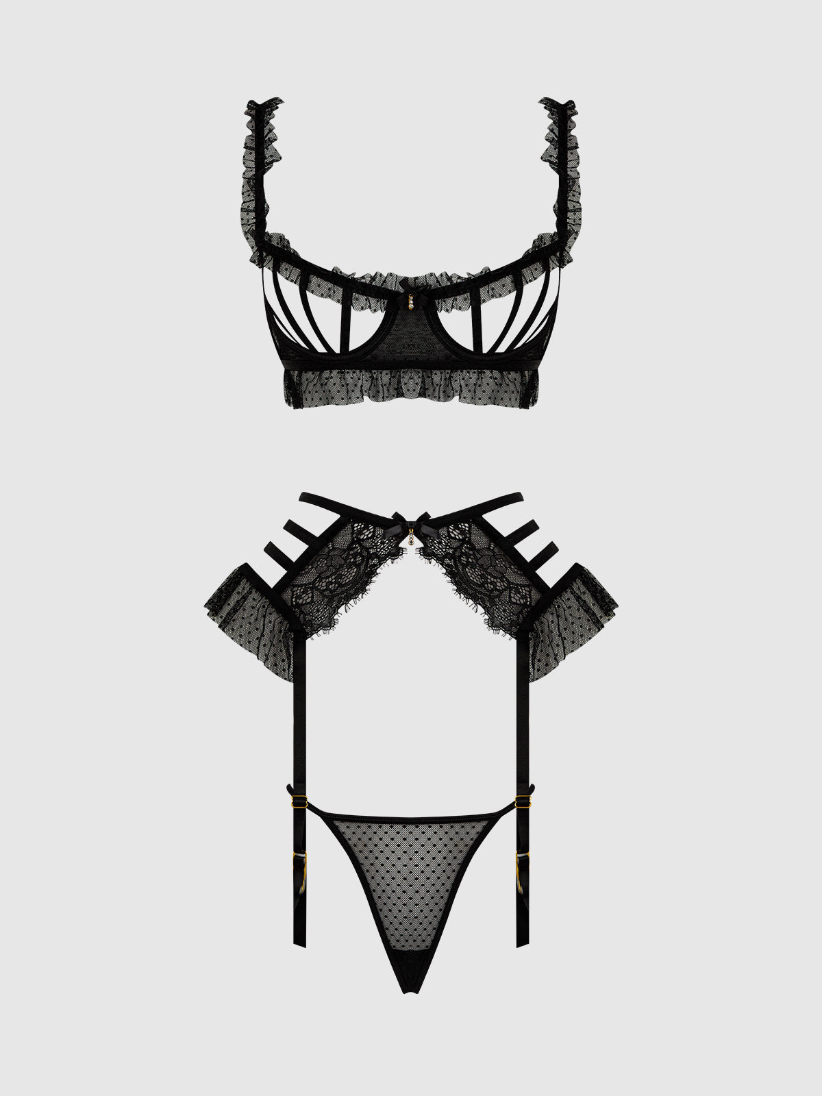 House of Desire Portia Swiss Dot Cutout Bra, Garter, & Thong Set Black
