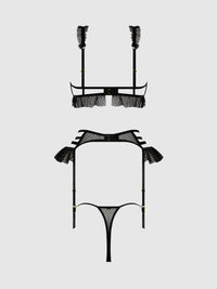 House of Desire Portia Swiss Dot Cutout Bra, Garter, & Thong Set Black