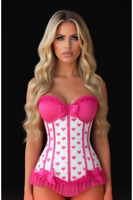 Lavish White & Pink Hearts Lycra Hook & Eye Back Closure Bustier