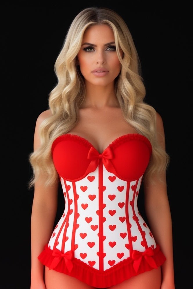 Lavish White & Red Hearts Lycra Hook & Eye Back Closure Bustier
