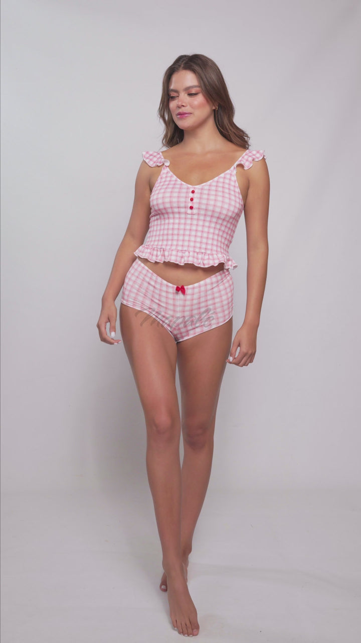 Mapale Lounge Two Piece Pajama Set Pink Plaid