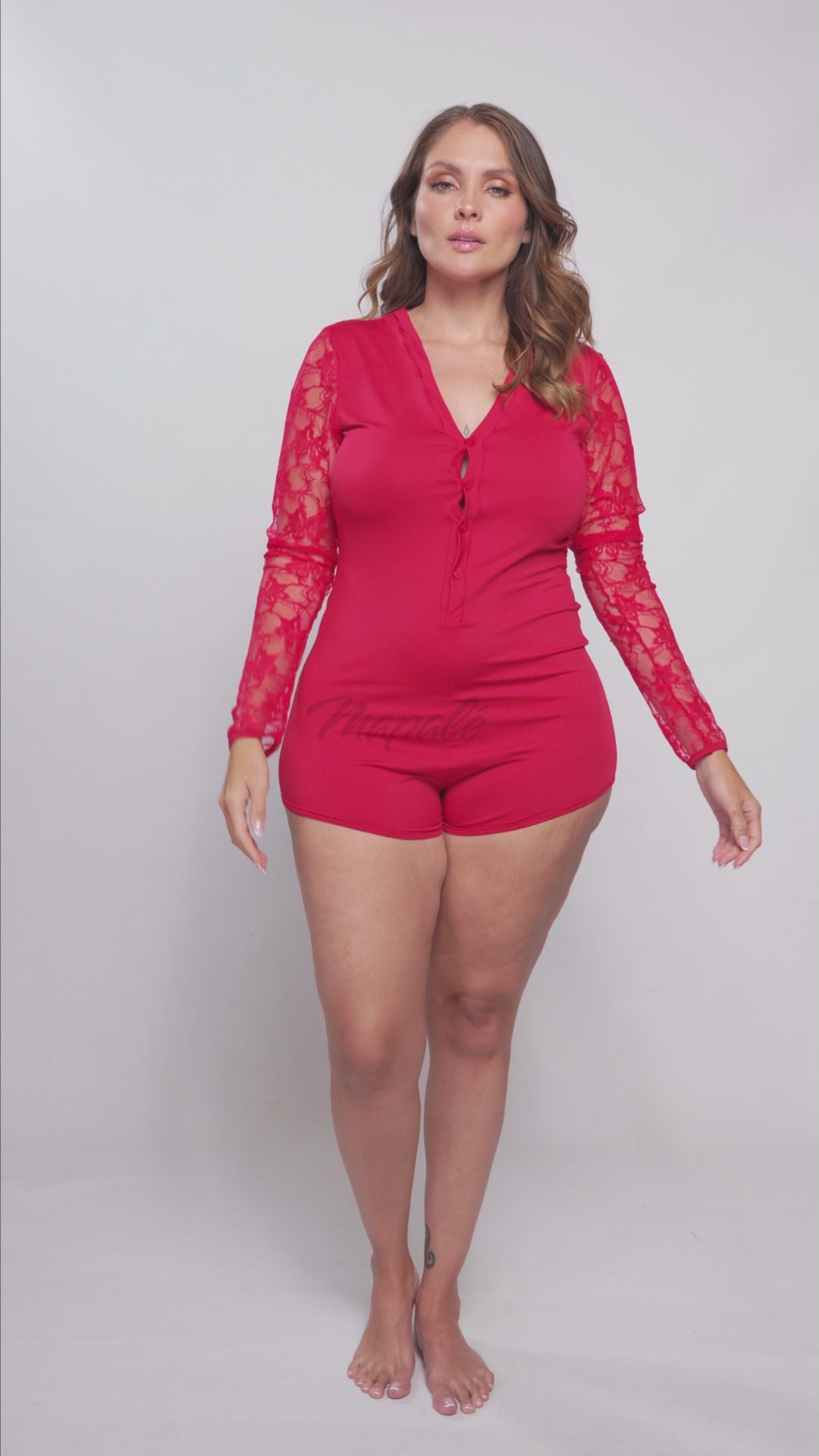 Mapale Lounge Plus Size Long Sleeve Sleep Romper Red