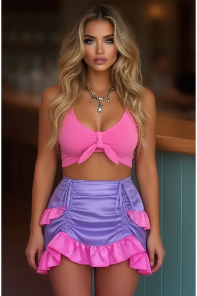 Purple/Pink Satin Ruched Bustle Skirt