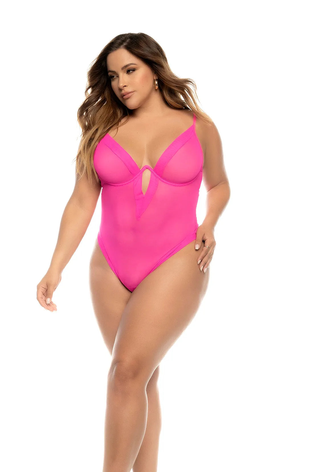 Mapale Queen Debra Radiate Bold Transparent Mesh Bodysuit Hot Pink