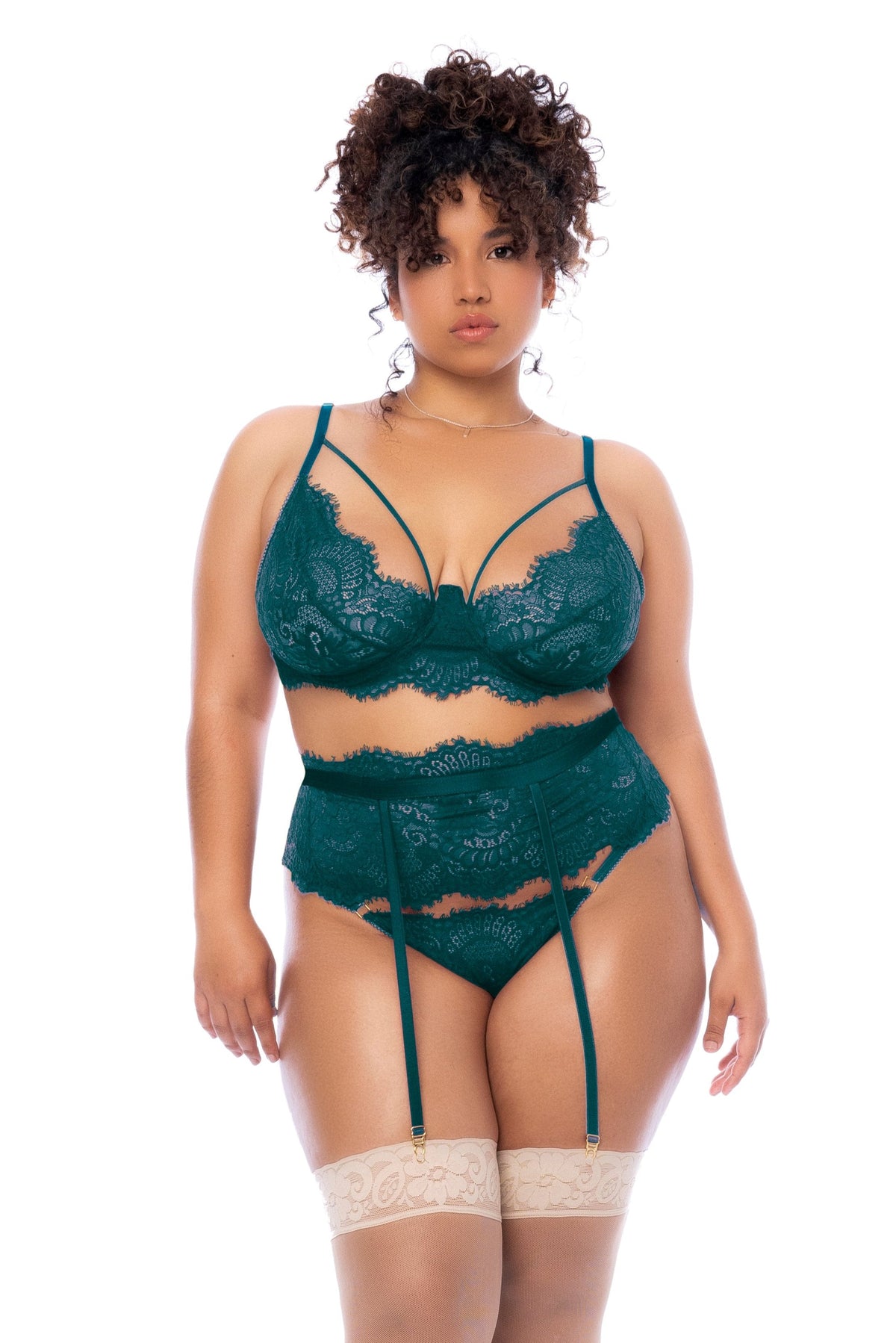 Mapale Plus Size Queen Eyelash Lace Garter Bra Set Sea Green-Rebel Romance