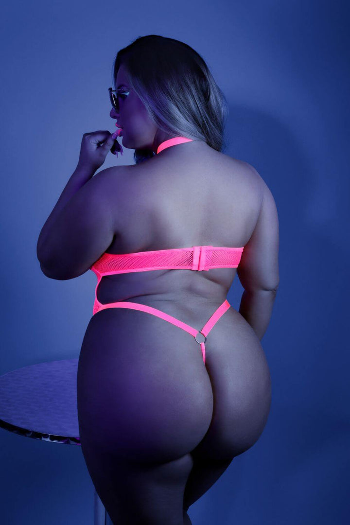 Queen Glow Black Light Harness Mesh Bodysuit Teddy Neon Pink-Fantasy Lingerie-Rebel Romance