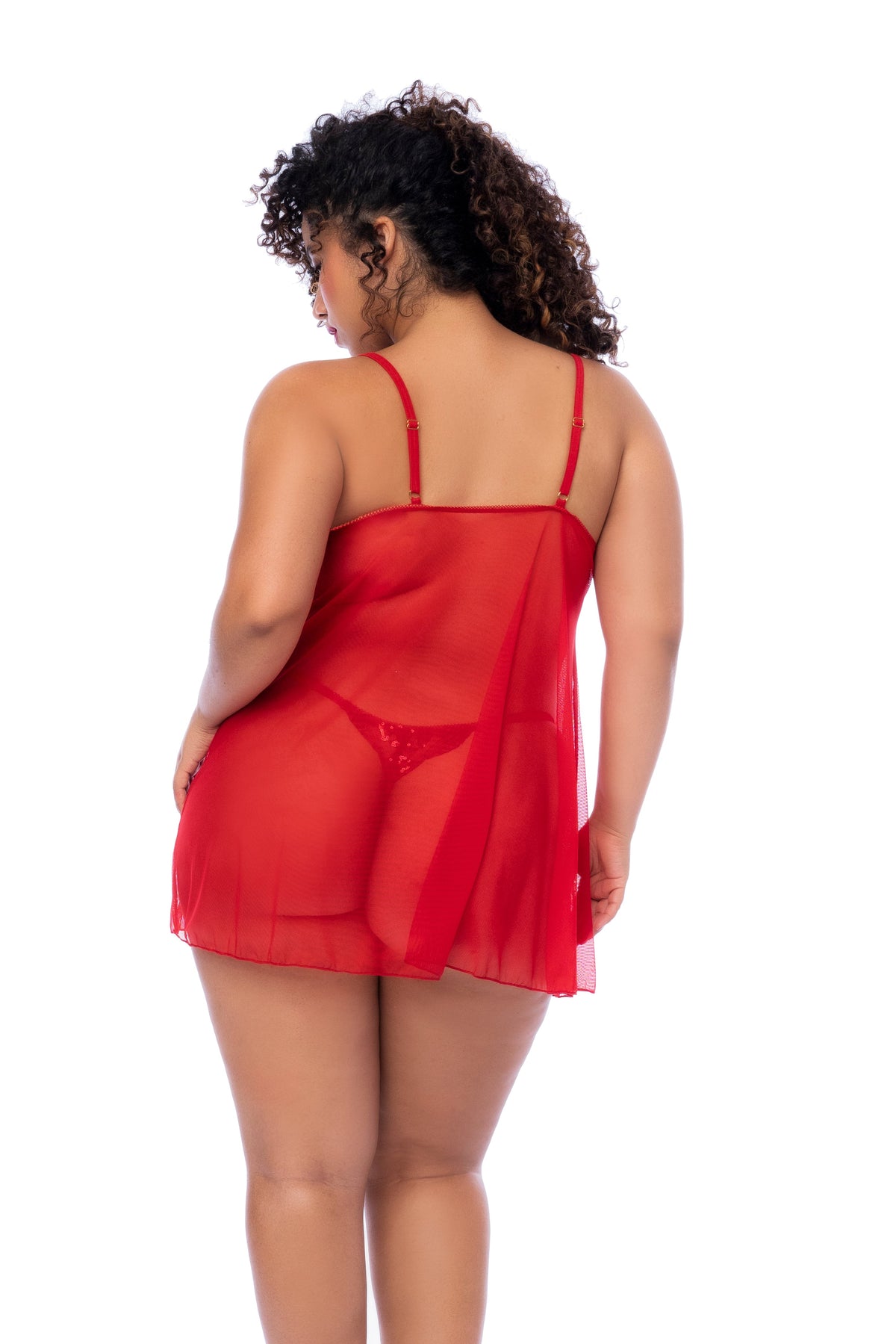 Mapale Plus Size Queen Sequins Floral Transparent Babydoll Red-Rebel Romance