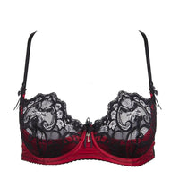 Raissa Quarter Cup Bra: Hot red satin and pitch black lace underwire bra with delicate organza bows.