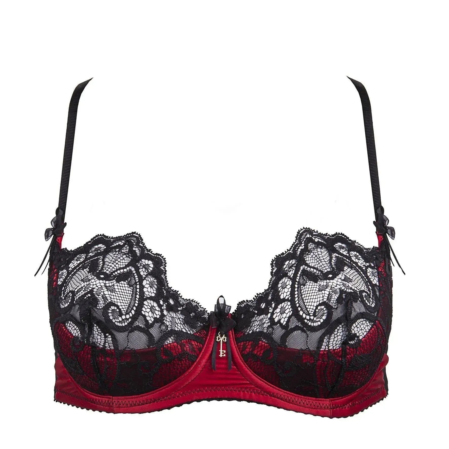Raissa Quarter Cup Bra: Hot red satin and pitch black lace underwire bra with delicate organza bows.