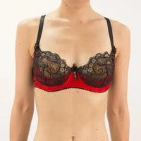 Seductively playful Raissa quarter cup bra in red satin and pitch black lace with delicate organza bows.