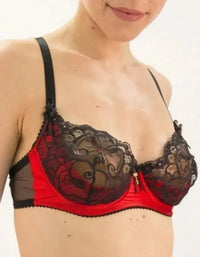 Seductively playful Raissa Quarter Cup Bra in red satin and pitch black lace with lavish overlays and delicate organza bows.