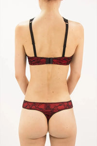 Raissa Red Thong with black lace, featuring lavishly worked overlays and delicate organza bows.