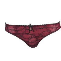 Raissa Red Thong: Seductively playful red thong with pitch black lace overlays and a delicate organza bow.
