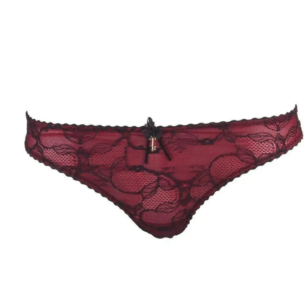 Raissa Red Thong: Seductively playful red thong with pitch black lace overlays and a delicate organza bow.