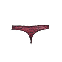 Seductively playful Raissa Red Thong with pitch black lace, lavish overlays, and vibrant satin.