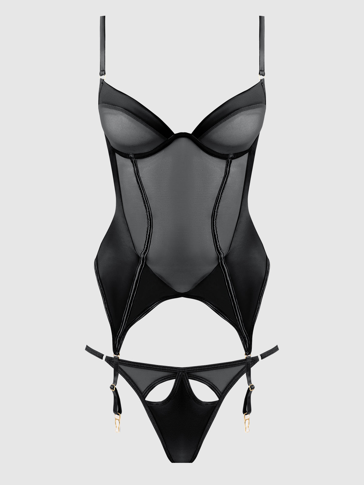 House of Desire Raquel Mesh & Silky Micro Bustier Set Black