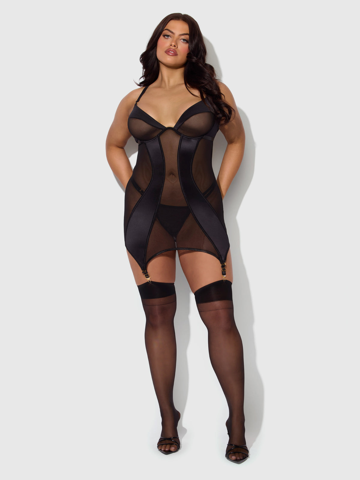 Raquel Mesh & Silky Micro Chemise Set Black