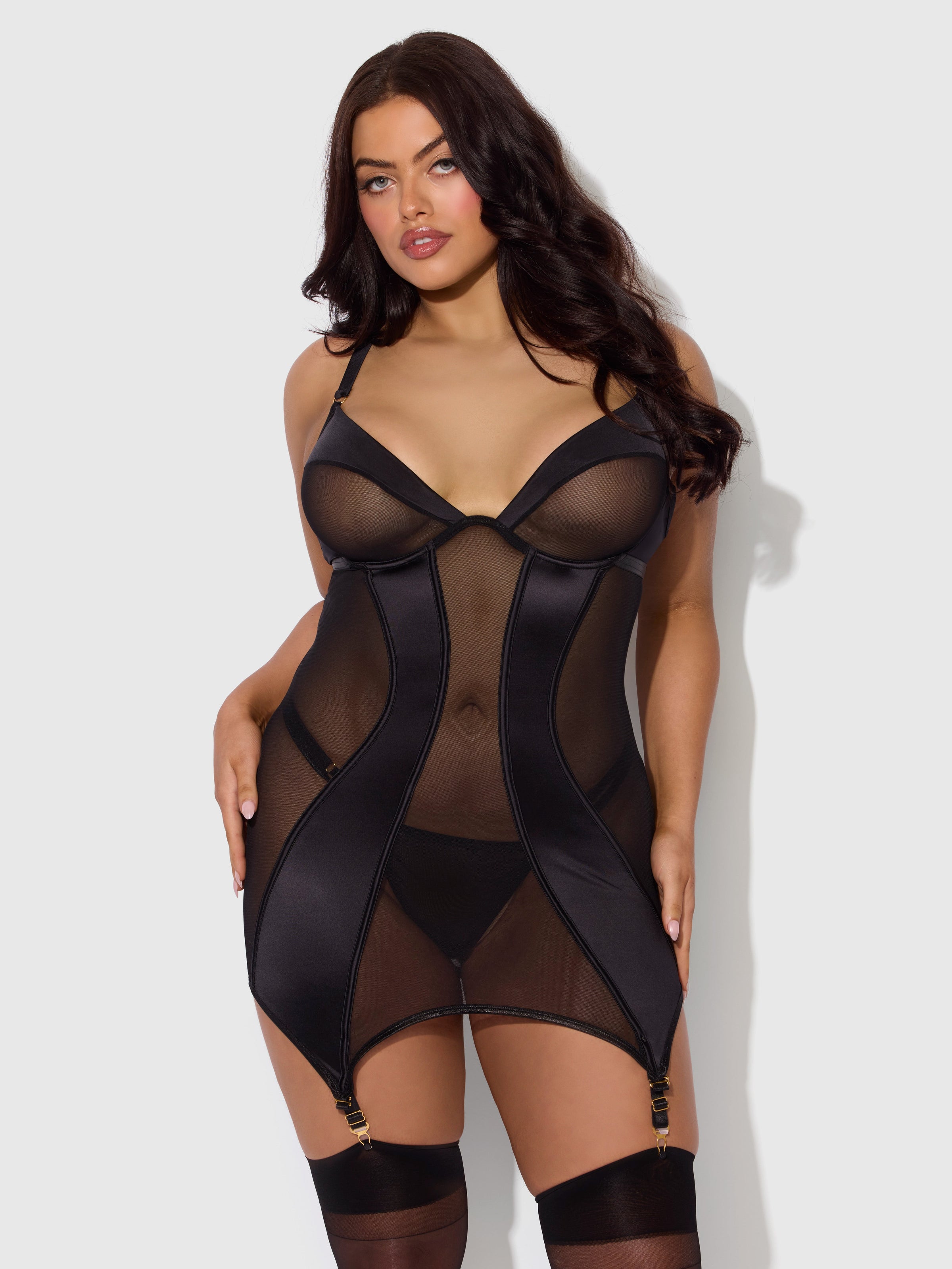 House of Desire Raquel Mesh & Silky Micro Chemise Set Black