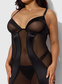 House of Desire Raquel Mesh & Silky Micro Chemise Set Black