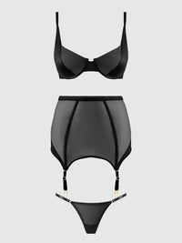 House of Desire Raquel Mesh & Silky Micro Garter Skirt Bra Set Black