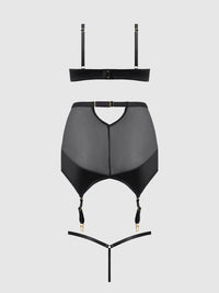 House of Desire Raquel Mesh & Silky Micro Garter Skirt Bra Set Black