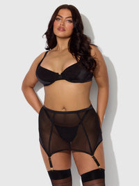 House of Desire Raquel Mesh & Silky Micro Garter Skirt Bra Set Black