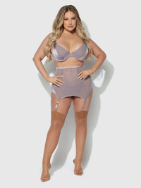 House of Desire Raquel Mesh & Silky Micro Garter Skirt Bra Set Dark Rose