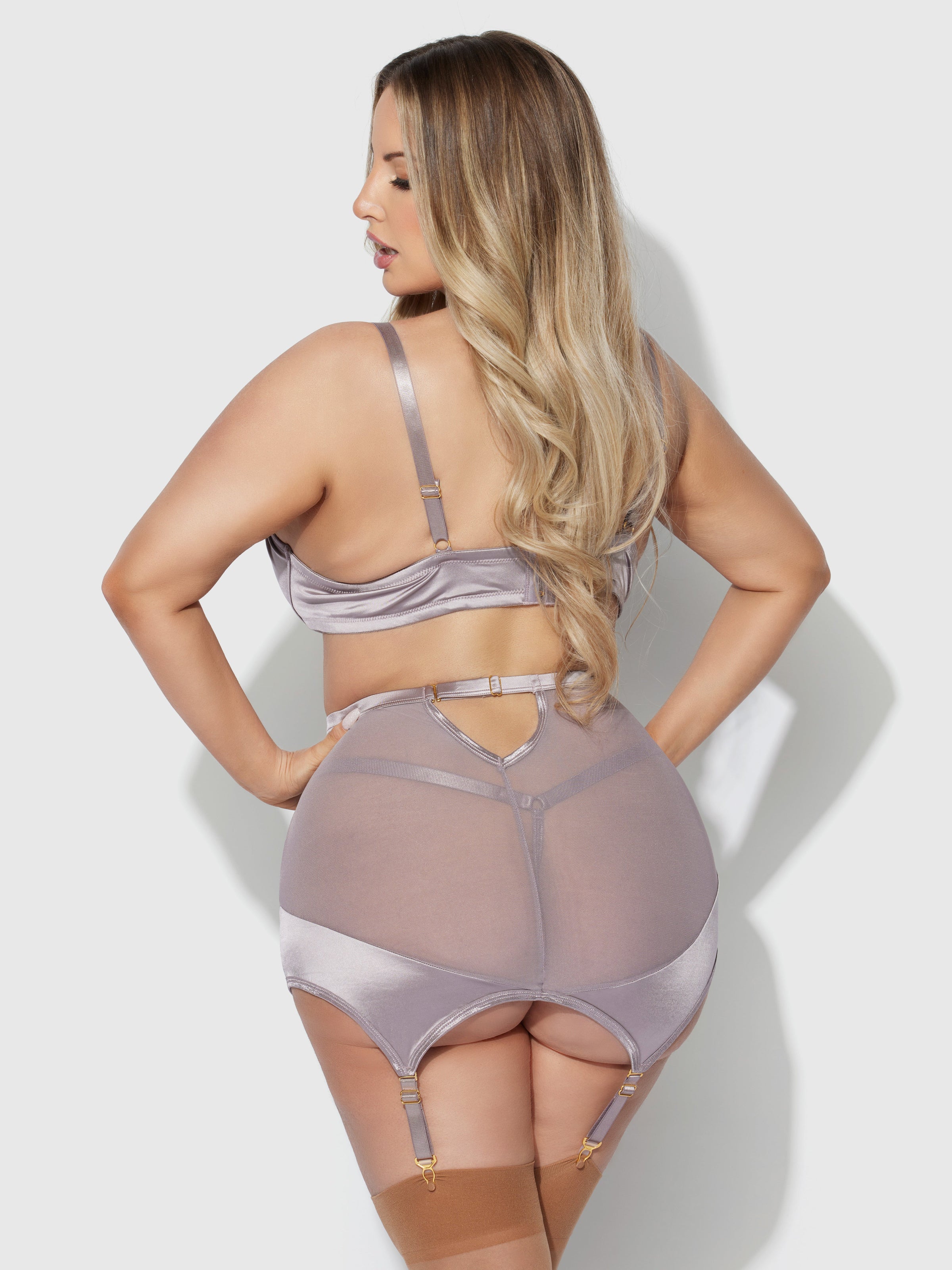 House of Desire Raquel Mesh & Silky Micro Garter Skirt Bra Set Dark Rose