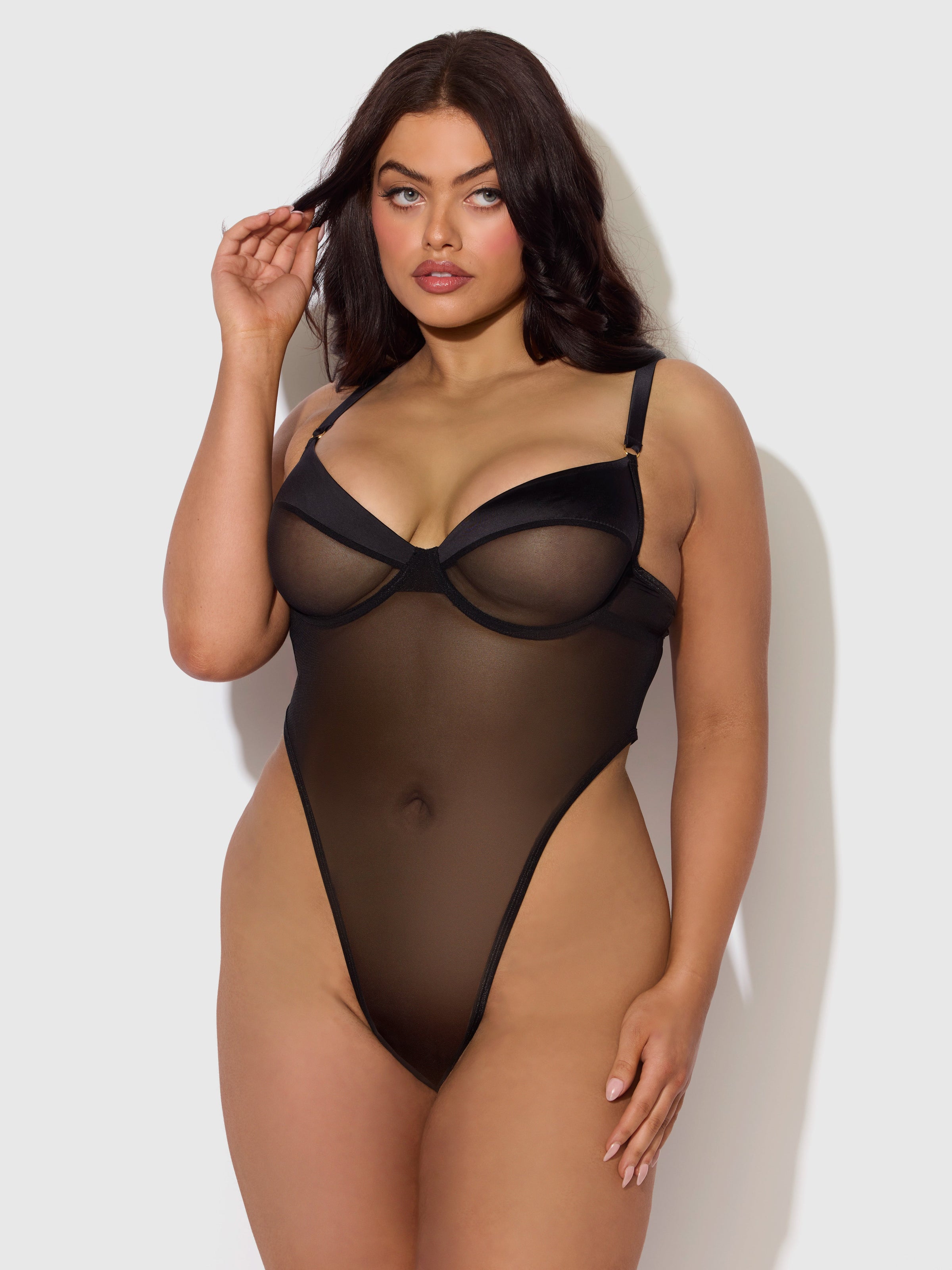 House of Desire Raquel See Through Mesh & Silky Micro Bodysuit Black