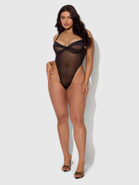House of Desire Raquel See Through Mesh & Silky Micro Bodysuit Black