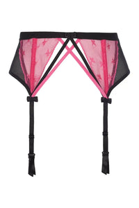 Captivating Axami Raspberry Pudding garter belt in pink lace and black mesh with adjustable straps.
