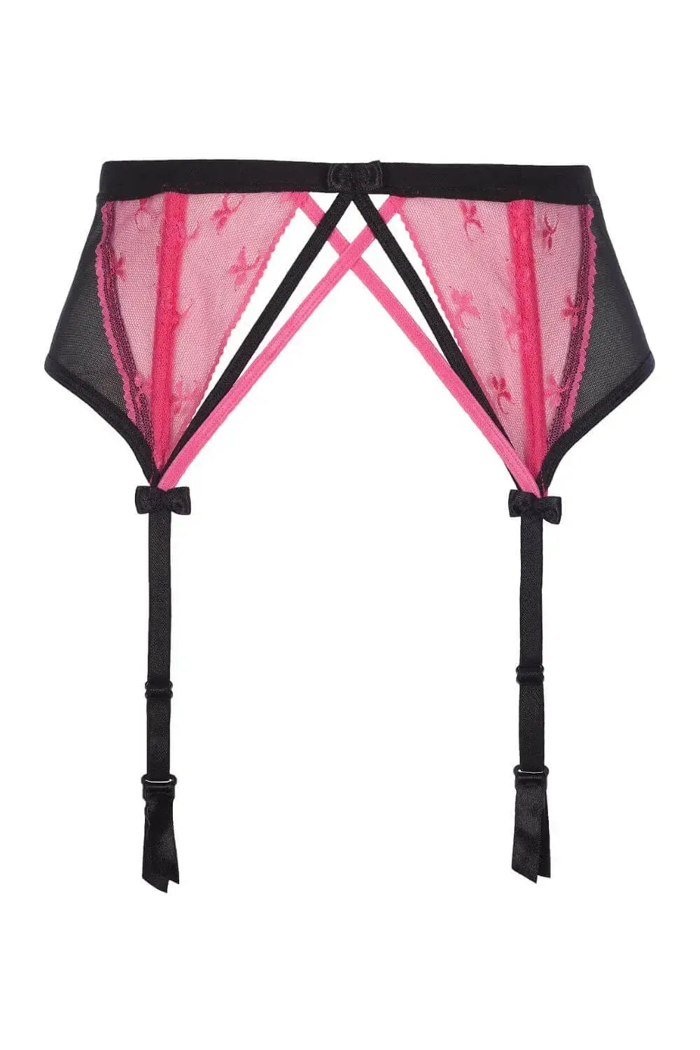 Captivating Axami Raspberry Pudding garter belt in pink lace and black mesh with adjustable straps.