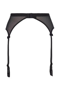 Seductive Axami Raspberry Pudding garter belt in black mesh with adjustable straps and delicate bows.