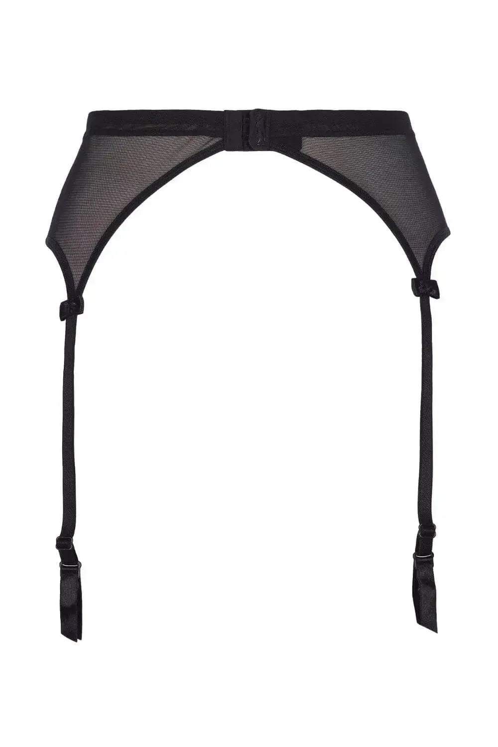Seductive Axami Raspberry Pudding garter belt in black mesh with adjustable straps and delicate bows.