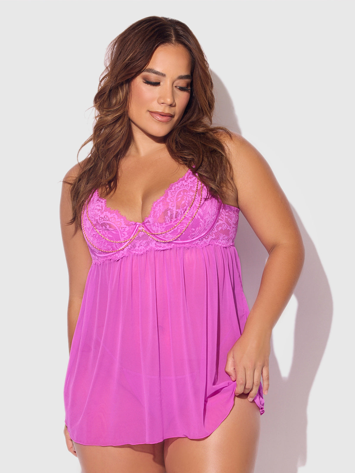 Reanna Lace & Chain Babydoll Set Pink