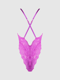 House of Desire Reanna Lace & Chain Deep Plunge Bodysuit Teddy Pink