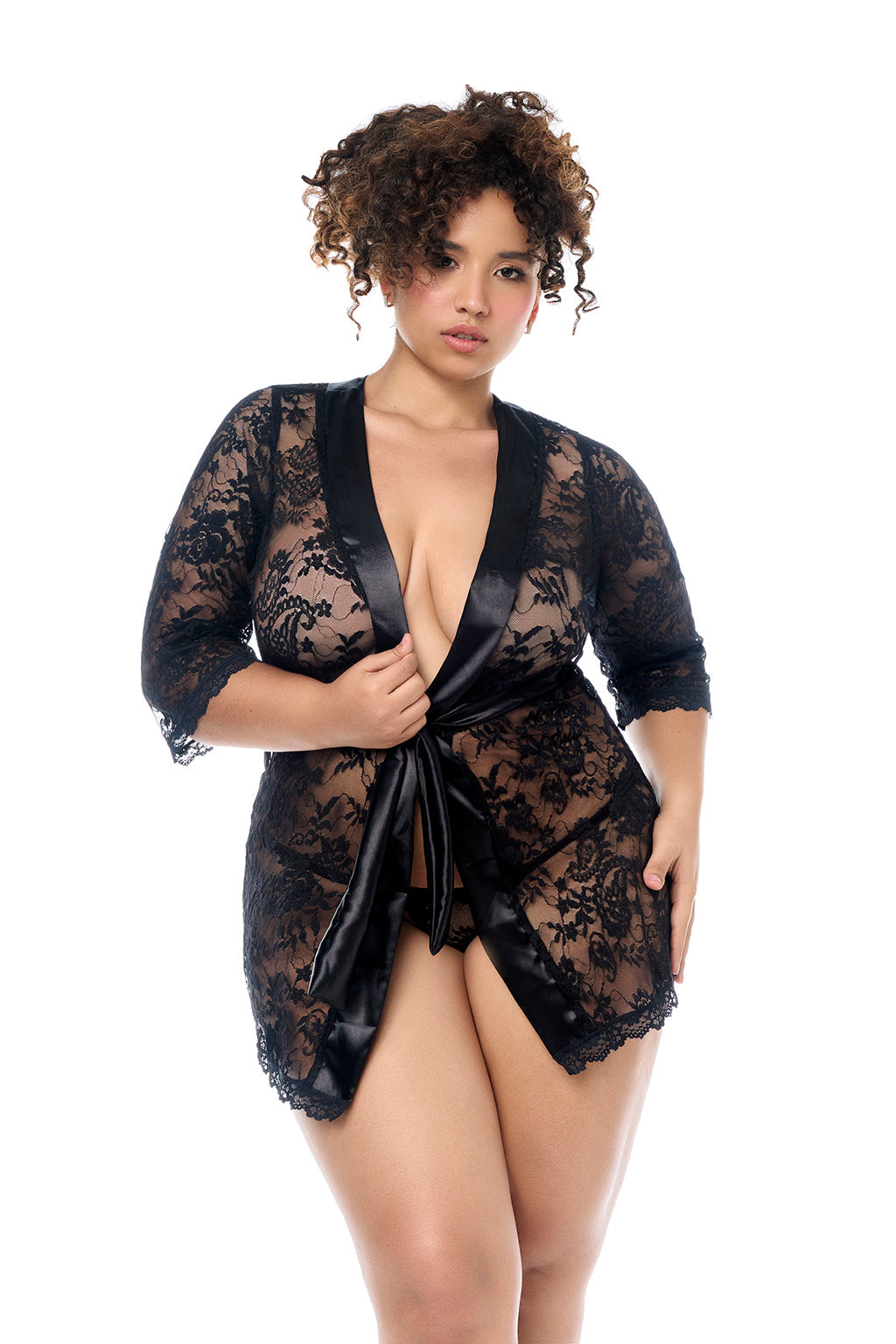 Rebel Misfit Classic Lace Robe Soft Satin Trim Black