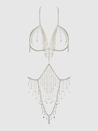 House of Desire Rhinestone Dangle Fringe Teddy Silver