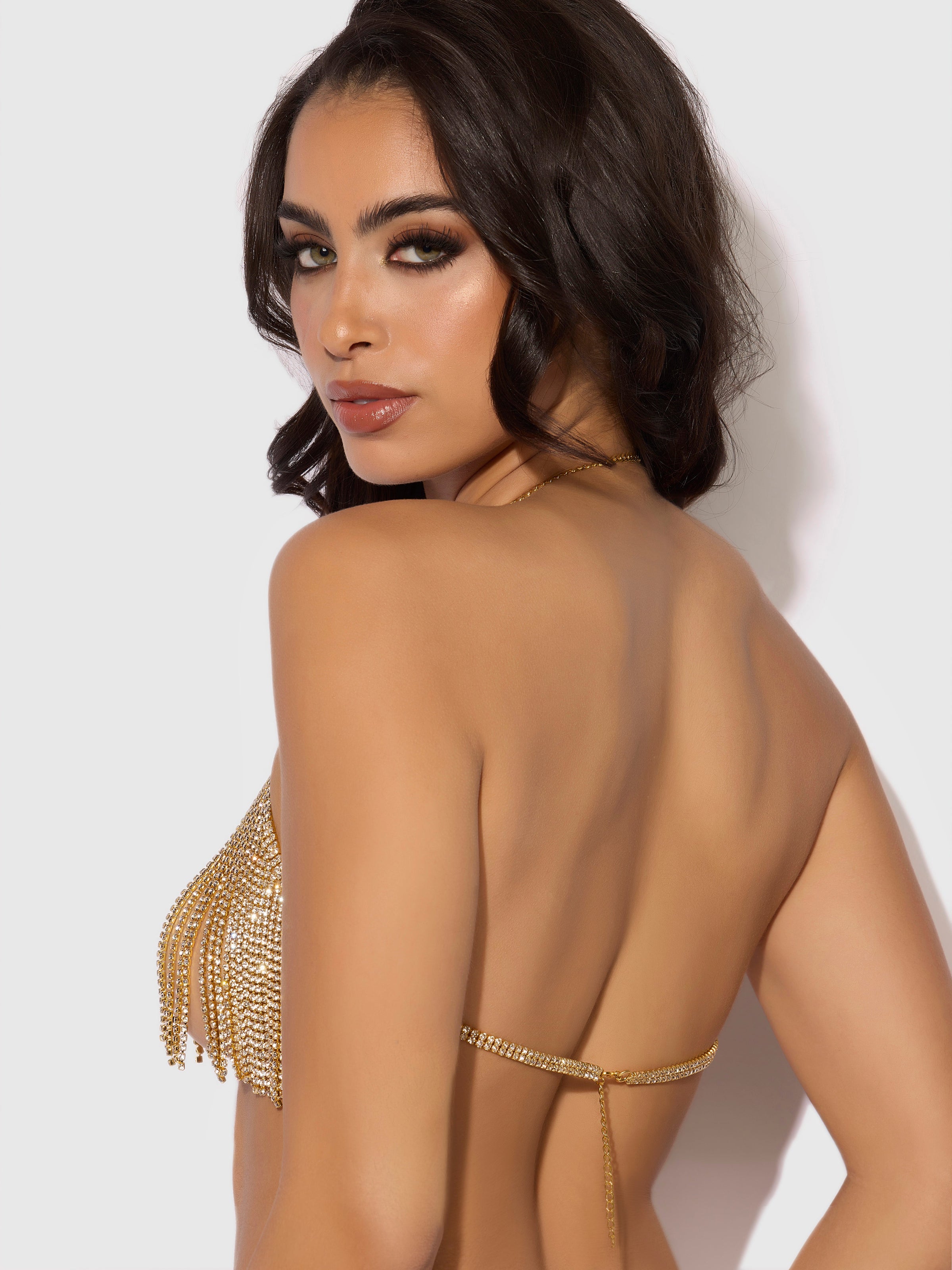 House of Desire Rhinestone Dangle V-Neck Bra Gold