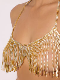 House of Desire Rhinestone Dangle V-Neck Bra Gold