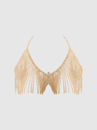House of Desire Rhinestone Dangle V-Neck Bra Gold