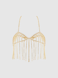 House of Desire Rhinestone Fringe Cropped Cami Top Gold
