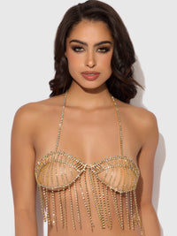 House of Desire Rhinestone Fringe Cropped Cami Top Gold
